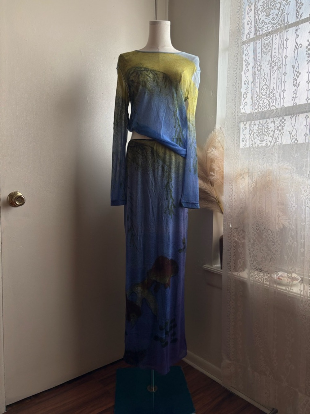vintage 90s mesh Vivienne Tam goldfish pond motif print top and skirt set